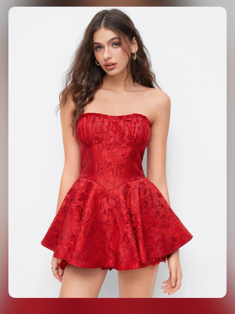 JACQUARD SCULPTURAL FLORAL LACE UP BANDEAU MINI DRESS WITH DETACHABLE STRAPS XL